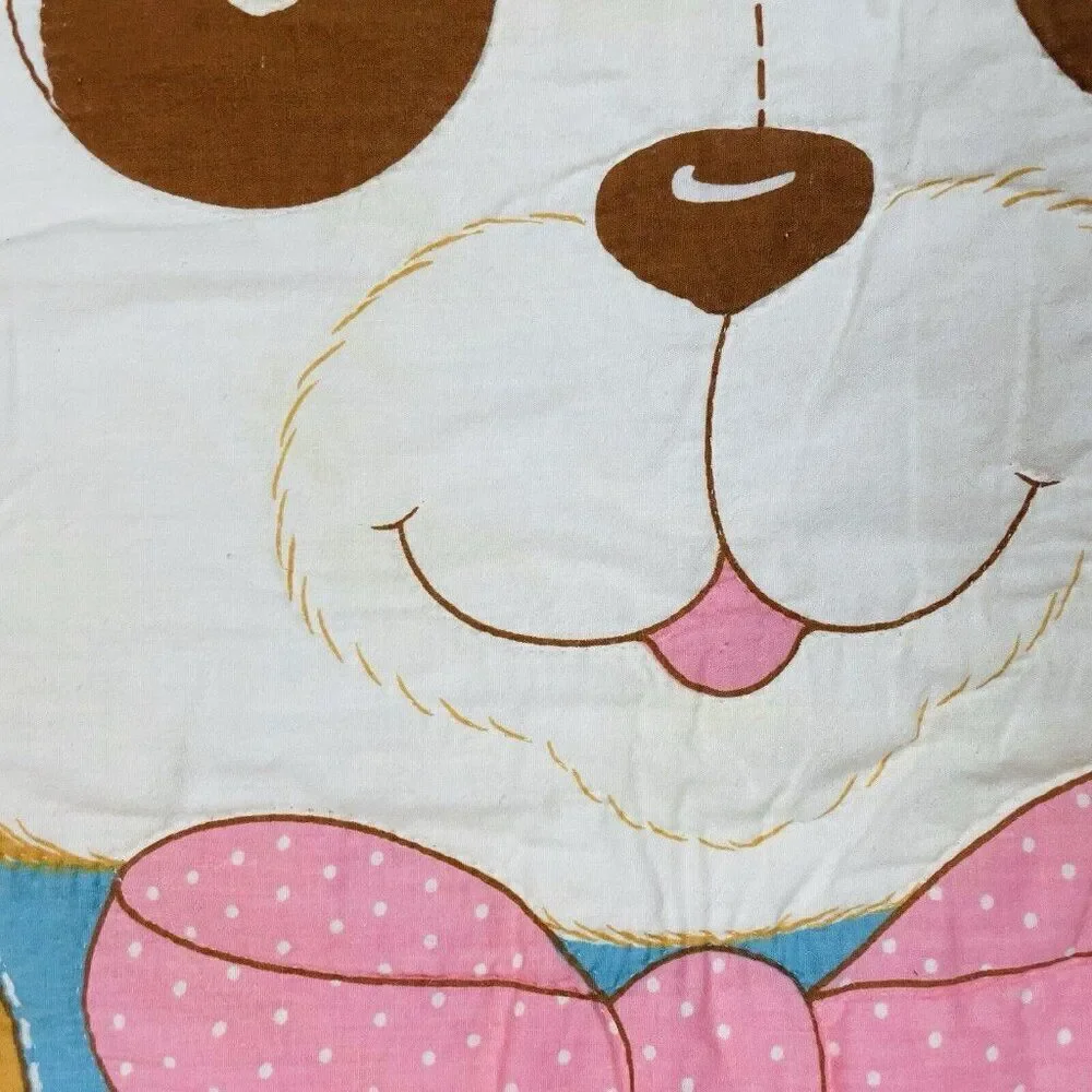 Vintage Quilted Teddy Bear Lace Trim Blanket 48 x 37 Nursery Baby Cute Kawaii